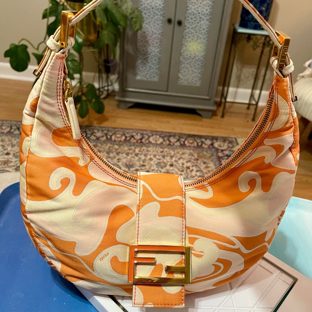 Fendi Orange & Cream Silk Pucci Print Croissant Crescent Bag